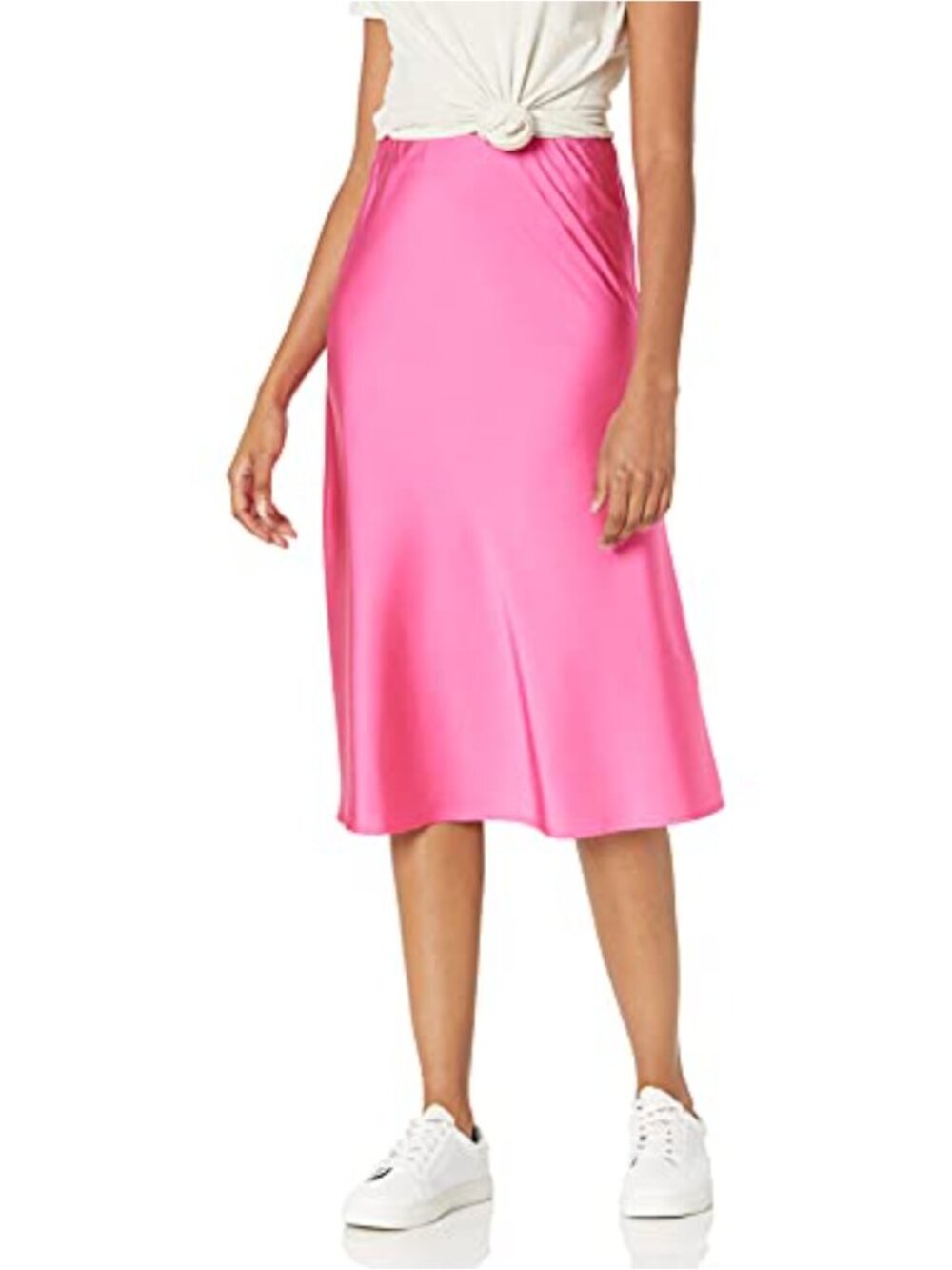 Silky Stretch Midi Skirt High Rise Foldover Waist Pull On
